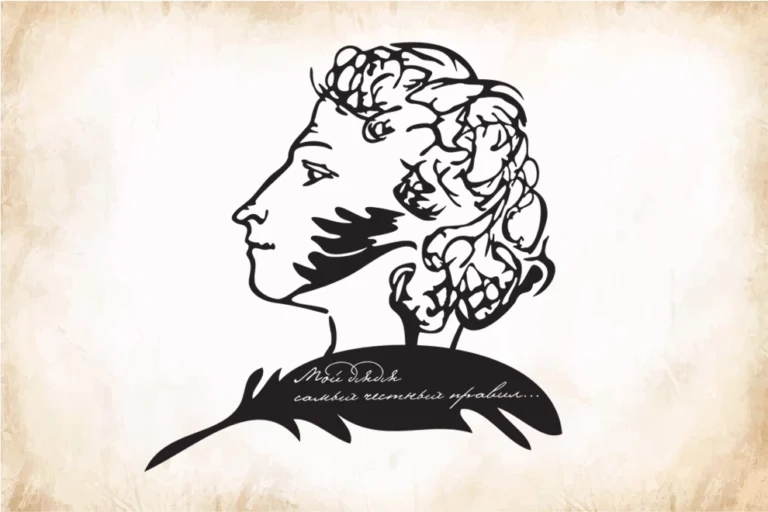 Czarno-biały, stylizowany szkic profilu Aleksandra Puszkina na tle postarzanego papieru