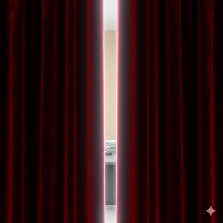 Czerwona kurtyna lekko rozchylona, przez szczelinę widać światło – symbol odkrywania tego, co ukryte za kulisami władzy.